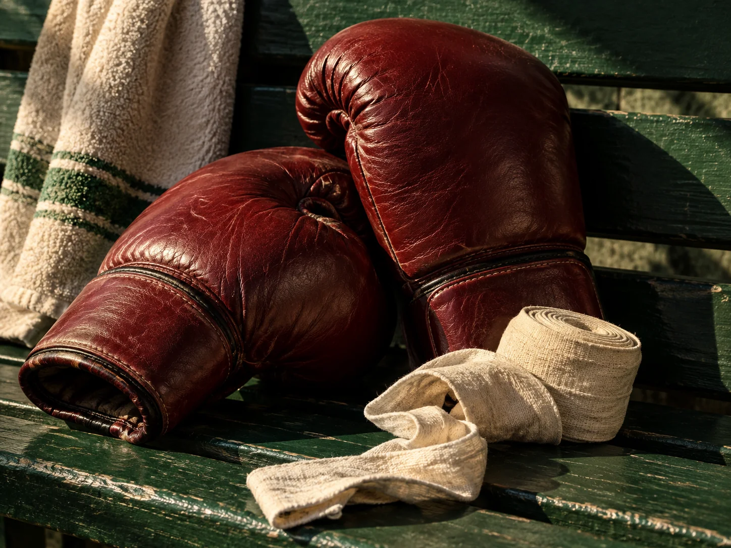 Mănuși de box și bandaje pe o bancă verde, ilustrație provizorie