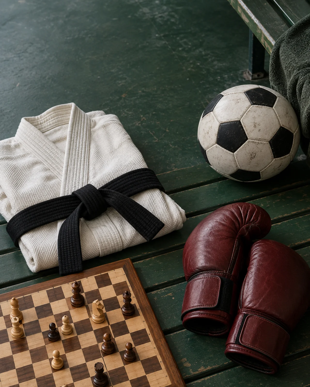 Compoziție ilustrativă cu minge de fotbal, kimono cu centură, mănuși de box și piese de șah